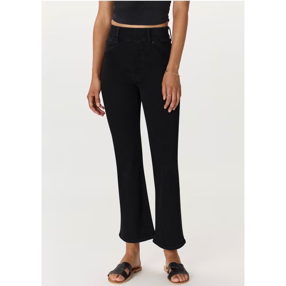 Quince‎ Nina Pull On Flare Jeans Large L Black Stretch Denim Flat Elastic Waist